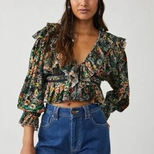 Free People | Rudi Ruffle 100% Cotton Floral Long Sleeve Peplum Top Night Garden